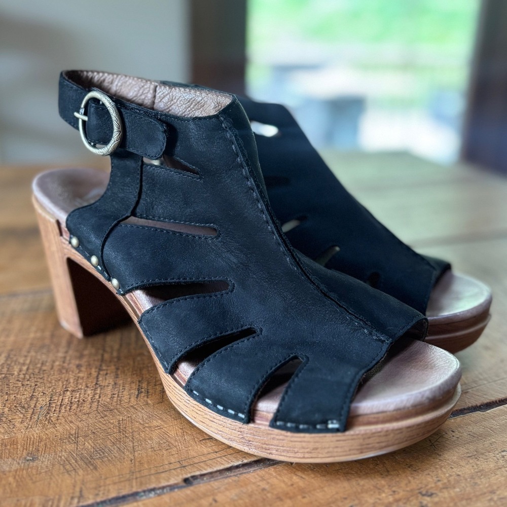 Dansko Demetra Womens Black Caged Block-Heel Sandals Leather Faux Buckle Size 41